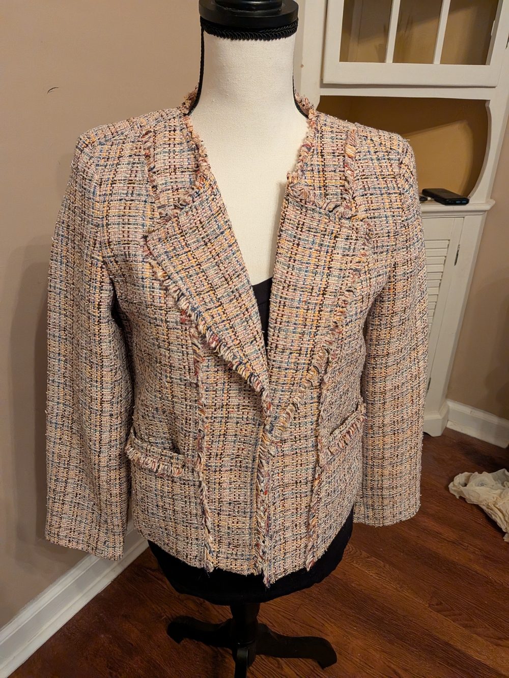 LOFT Beige Multi Colored Tweed Fringe-Trim Blazer. Petite